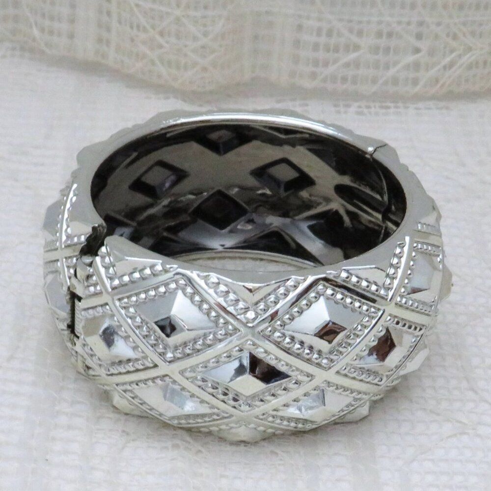 Chunky Silver Toned Bangle Bracelet Women, Hinged Shiny Casual or Business